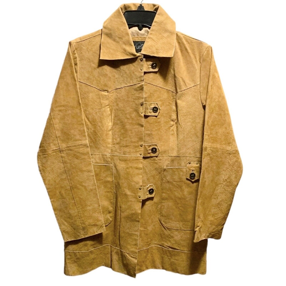 Camel Brown Lightweight Suede Studded Leather Jacket Button Blazer Coat Boho M